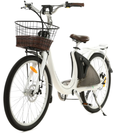 Ecotric 26inch White Lark Electric City Bike For Women with basket and rear rack